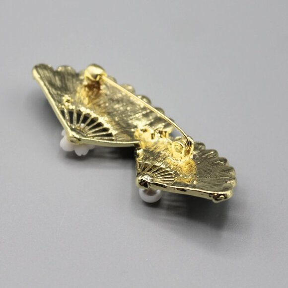 Fan traditional jewelry pin brooch fashion white pearl elegant beautiful gold - Picture 10 of 11